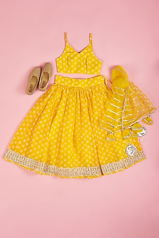 Yellow Chanderi Floral Printed Bandhej Lehenga Set for Girls by Yuvrani Jaipur Kidswear