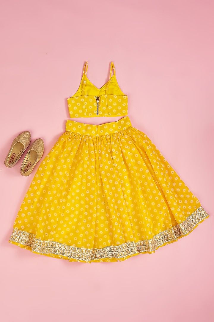 Yellow Chanderi Floral Printed Bandhej Lehenga Set for Girls by Yuvrani Jaipur Kidswear at Pernia's Pop Up Shop