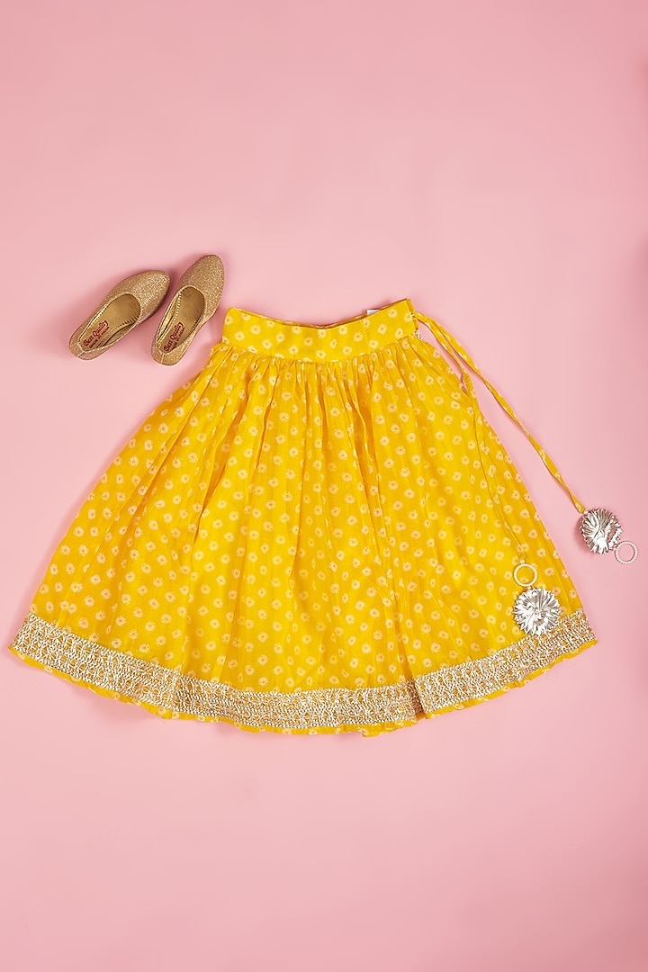 Yellow Chanderi Floral Printed Bandhej Lehenga Set for Girls by Yuvrani Jaipur Kidswear at Pernia's Pop Up Shop