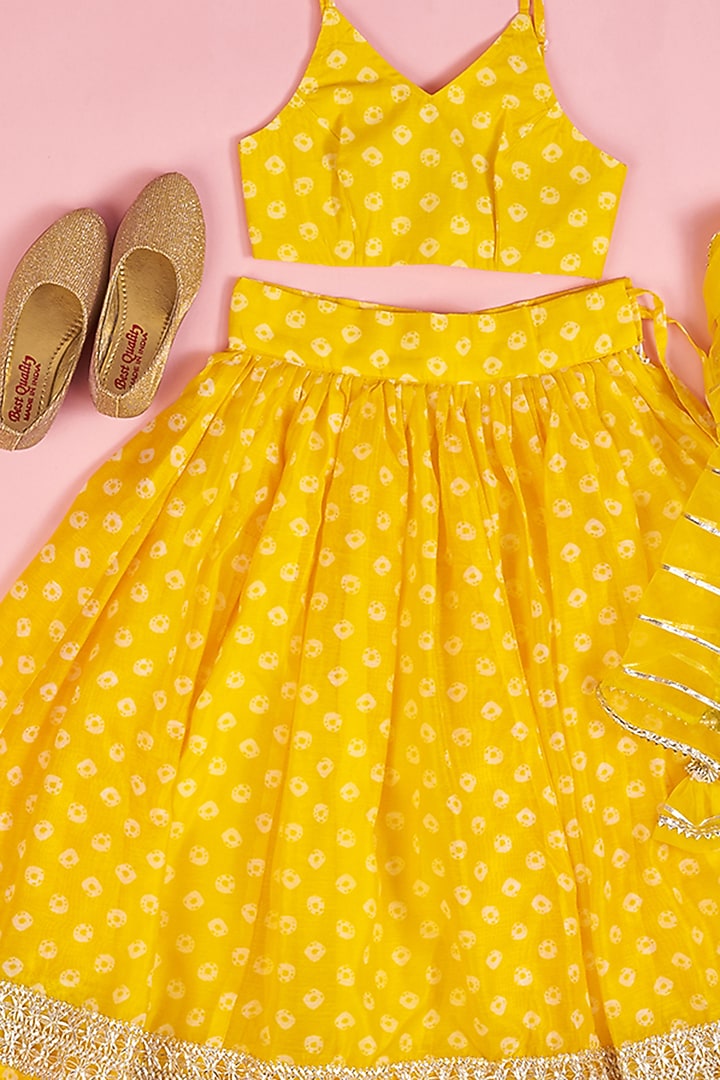 Yellow Chanderi Floral Printed Bandhej Lehenga Set for Girls by Yuvrani Jaipur Kidswear at Pernia's Pop Up Shop
