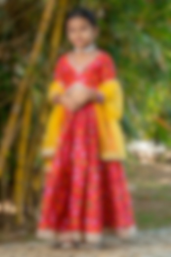 Cherry Red Chanderi Floral Printed Lehenga Set For Girls by Yuvrani Jaipur Kidswear at Pernia's Pop Up Shop