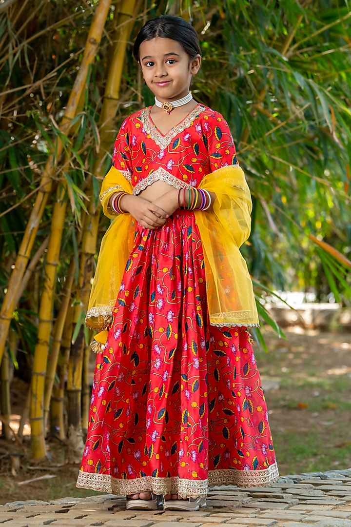 Cherry Red Chanderi Floral Printed Lehenga Set For Girls by Yuvrani Jaipur Kidswear at Pernia's Pop Up Shop
