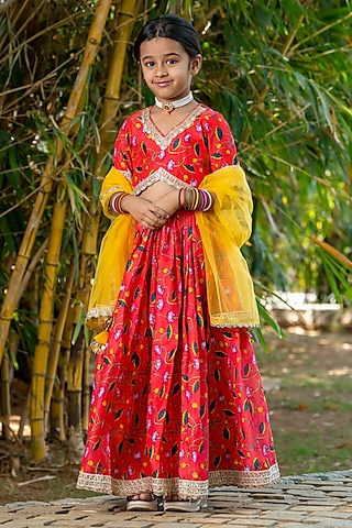 Cherry Red Chanderi Floral Printed Lehenga Set For Girls by Yuvrani Jaipur Kidswear