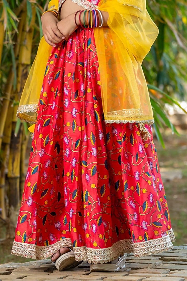 Cherry Red Chanderi Floral Printed Lehenga Set For Girls by Yuvrani Jaipur Kidswear at Pernia's Pop Up Shop