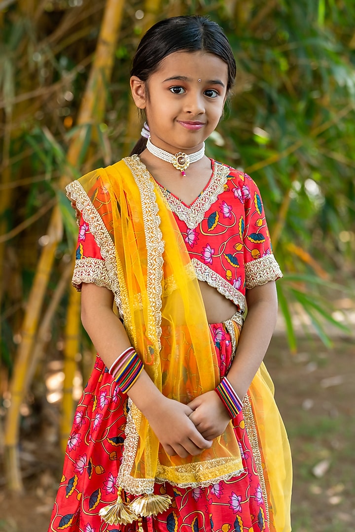 Cherry Red Chanderi Floral Printed Lehenga Set For Girls by Yuvrani Jaipur Kidswear at Pernia's Pop Up Shop