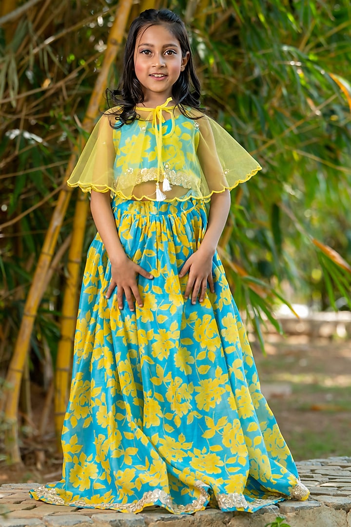 Neon Blue & Yellow Chanderi Floral Printed Lehenga For Girls by Yuvrani Jaipur Kidswear at Pernia's Pop Up Shop