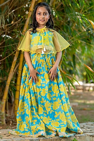 Neon Blue & Yellow Chanderi Floral Printed Lehenga For Girls by Yuvrani Jaipur Kidswear