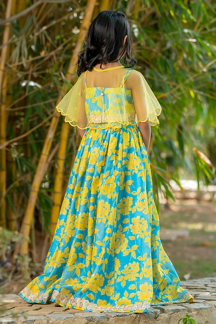 Neon Blue & Yellow Chanderi Floral Printed Lehenga For Girls by Yuvrani Jaipur Kidswear at Pernia's Pop Up Shop