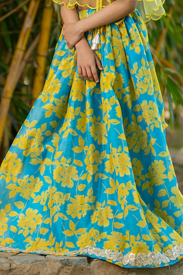 Neon Blue & Yellow Chanderi Floral Printed Lehenga For Girls by Yuvrani Jaipur Kidswear at Pernia's Pop Up Shop
