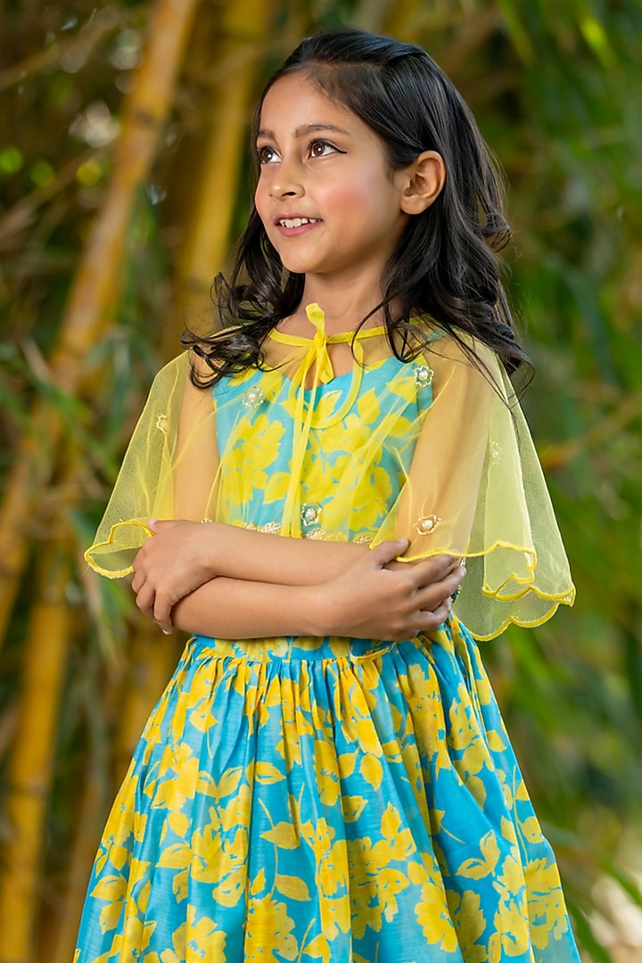 Neon Blue & Yellow Chanderi Floral Printed Lehenga For Girls by Yuvrani Jaipur Kidswear at Pernia's Pop Up Shop