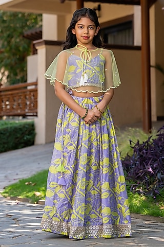 Grey & Neon Yellow Chanderi Floral Printed Lehenga For Girls by Yuvrani Jaipur Kidswear