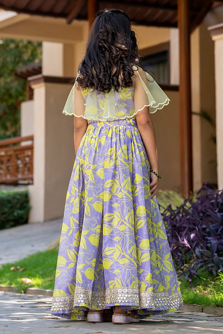 Grey & Neon Yellow Chanderi Floral Printed Lehenga For Girls by Yuvrani Jaipur Kidswear at Pernia's Pop Up Shop