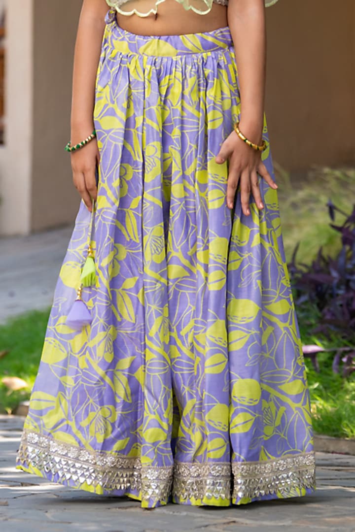 Grey & Neon Yellow Chanderi Floral Printed Lehenga For Girls by Yuvrani Jaipur Kidswear at Pernia's Pop Up Shop