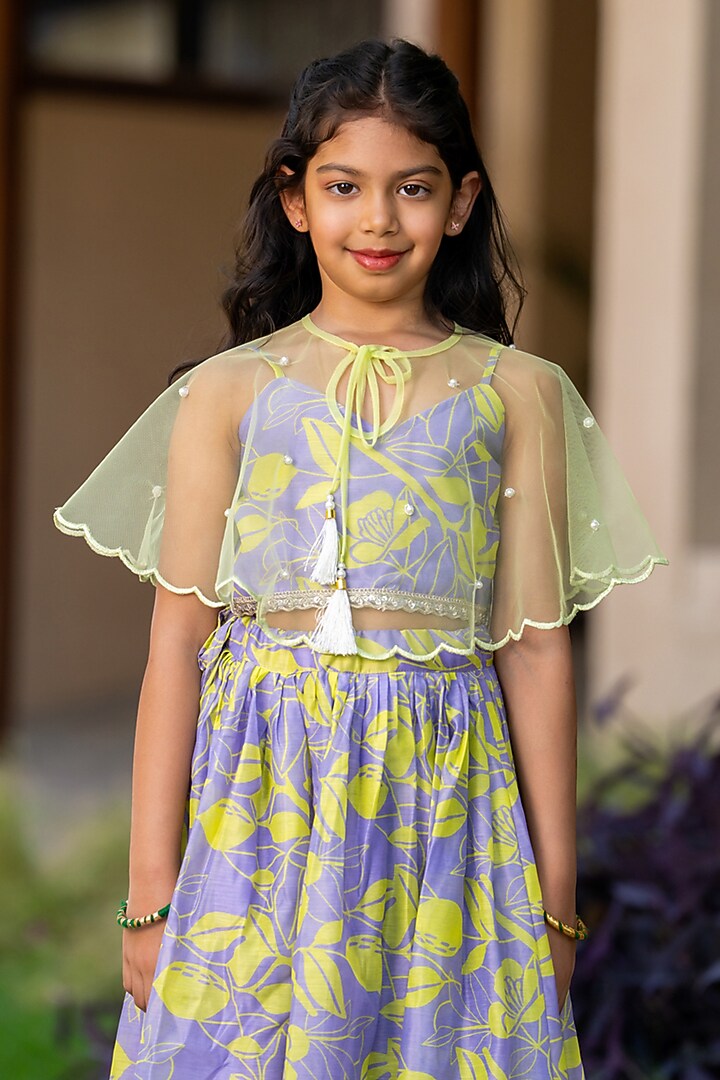 Grey & Neon Yellow Chanderi Floral Printed Lehenga For Girls by Yuvrani Jaipur Kidswear at Pernia's Pop Up Shop