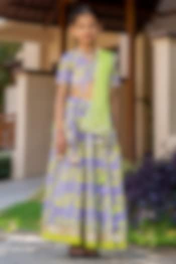 Grey & Neon Yellow Chanderi Floral Printed Lehenga Set For Girls by Yuvrani Jaipur Kidswear at Pernia's Pop Up Shop