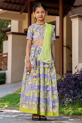 Grey & Neon Yellow Chanderi Floral Printed Lehenga Set For Girls by Yuvrani Jaipur Kidswear