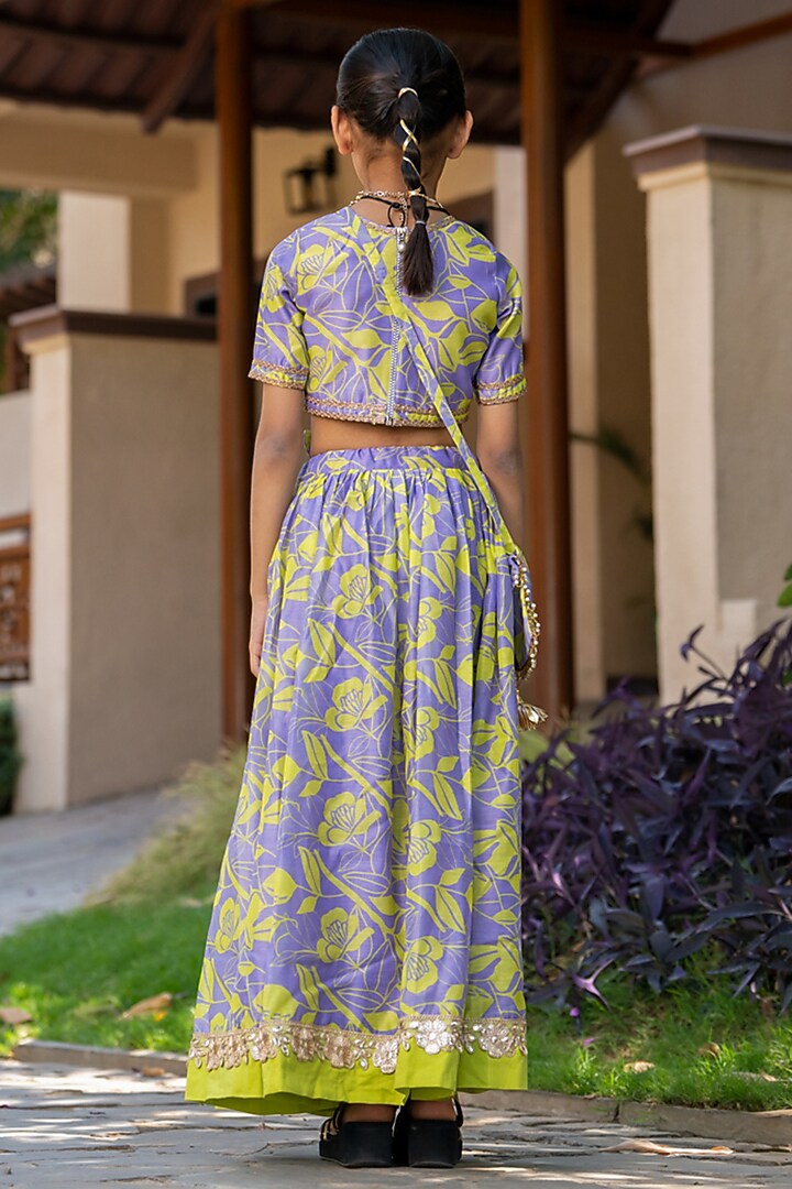 Grey & Neon Yellow Chanderi Floral Printed Lehenga Set For Girls by Yuvrani Jaipur Kidswear at Pernia's Pop Up Shop