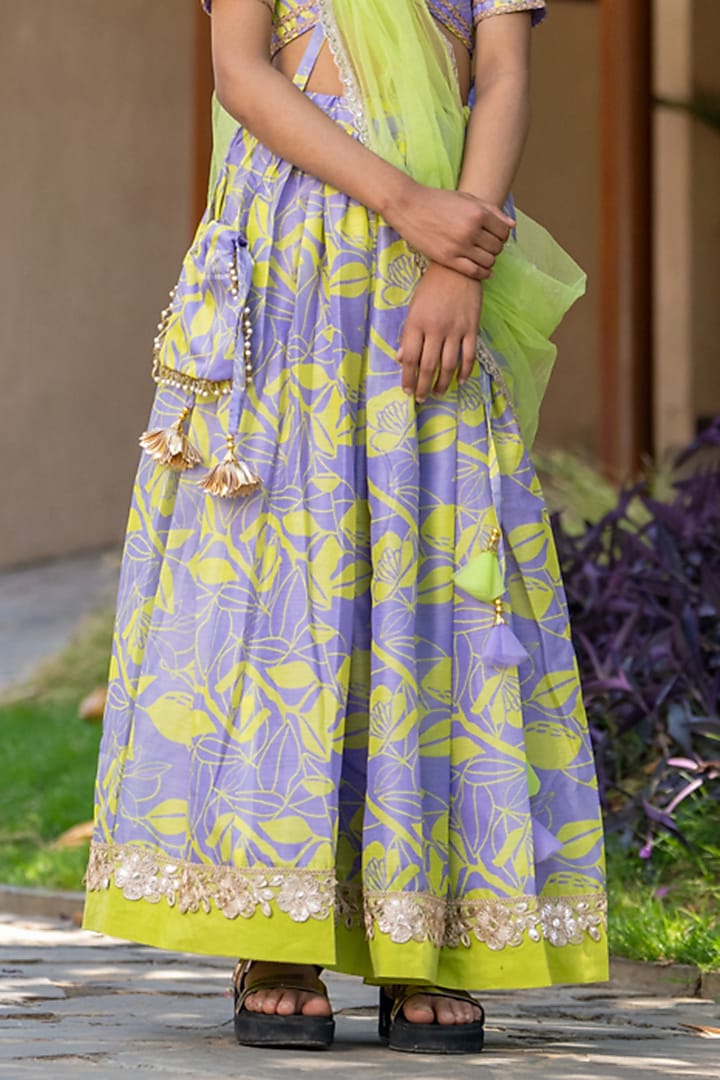 Grey & Neon Yellow Chanderi Floral Printed Lehenga Set For Girls by Yuvrani Jaipur Kidswear at Pernia's Pop Up Shop
