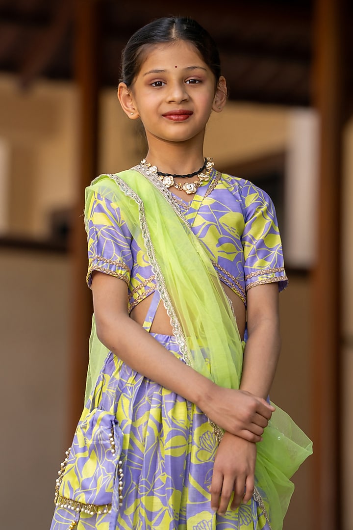 Grey & Neon Yellow Chanderi Floral Printed Lehenga Set For Girls by Yuvrani Jaipur Kidswear at Pernia's Pop Up Shop