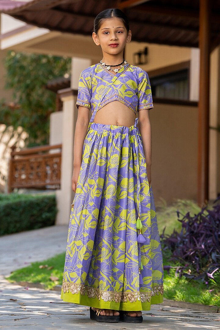 Grey & Neon Yellow Chanderi Floral Printed Lehenga Set For Girls by Yuvrani Jaipur Kidswear at Pernia's Pop Up Shop