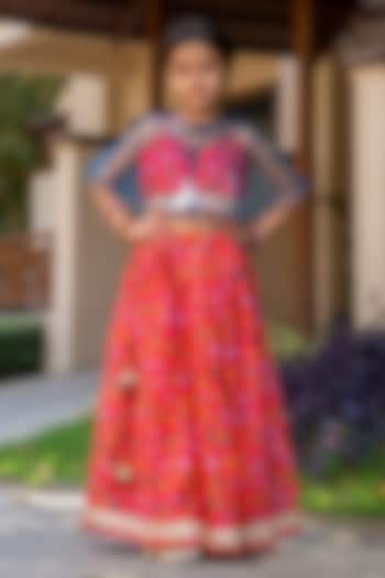Cherry Red Chanderi Floral Printed Lehenga Set For Girls by Yuvrani Jaipur Kidswear at Pernia's Pop Up Shop
