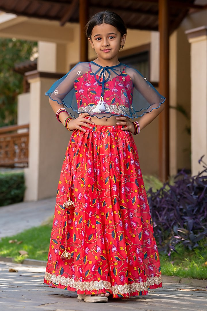 Cherry Red Chanderi Floral Printed Lehenga Set For Girls by Yuvrani Jaipur Kidswear at Pernia's Pop Up Shop