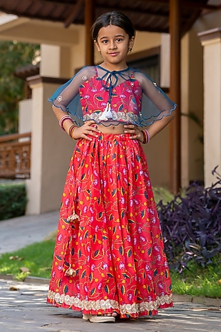 Cherry Red Chanderi Floral Printed Lehenga Set For Girls by Yuvrani Jaipur Kidswear