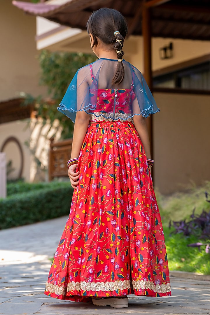 Cherry Red Chanderi Floral Printed Lehenga Set For Girls by Yuvrani Jaipur Kidswear at Pernia's Pop Up Shop