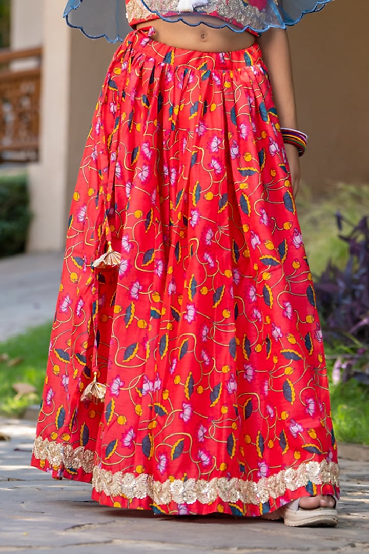Cherry Red Chanderi Floral Printed Lehenga Set For Girls by Yuvrani Jaipur Kidswear at Pernia's Pop Up Shop