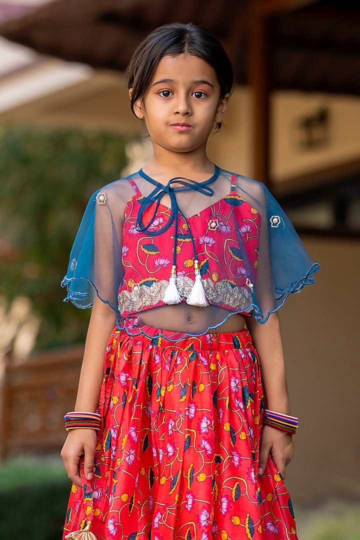 Cherry Red Chanderi Floral Printed Lehenga Set For Girls by Yuvrani Jaipur Kidswear at Pernia's Pop Up Shop