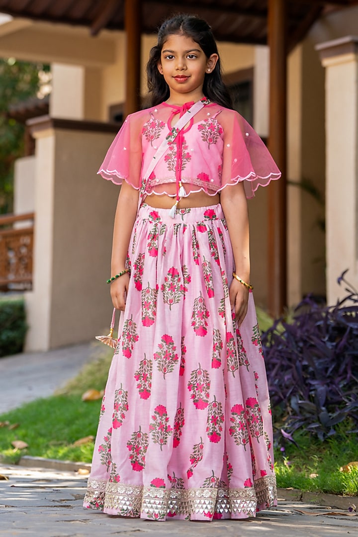 Pink Chanderi Floral Printed Lehenga Set For Girls by Yuvrani Jaipur Kidswear at Pernia's Pop Up Shop