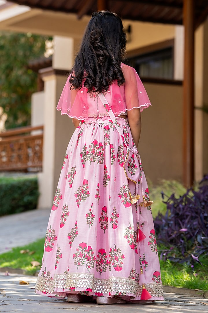 Pink Chanderi Floral Printed Lehenga Set For Girls by Yuvrani Jaipur Kidswear at Pernia's Pop Up Shop