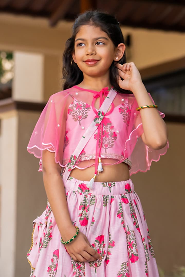 Pink Chanderi Floral Printed Lehenga Set For Girls by Yuvrani Jaipur Kidswear at Pernia's Pop Up Shop