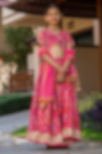 Cherry Red Chanderi Floral Printed Lehenga Set For Girls by Yuvrani Jaipur Kidswear at Pernia's Pop Up Shop