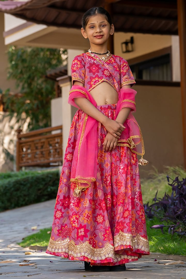 Cherry Red Chanderi Floral Printed Lehenga Set For Girls by Yuvrani Jaipur Kidswear at Pernia's Pop Up Shop