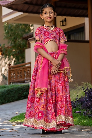 Cherry Red Chanderi Floral Printed Lehenga Set For Girls by Yuvrani Jaipur Kidswear