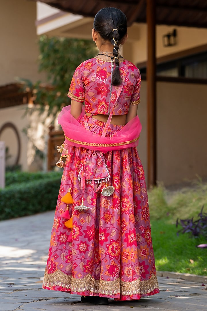 Cherry Red Chanderi Floral Printed Lehenga Set For Girls by Yuvrani Jaipur Kidswear at Pernia's Pop Up Shop