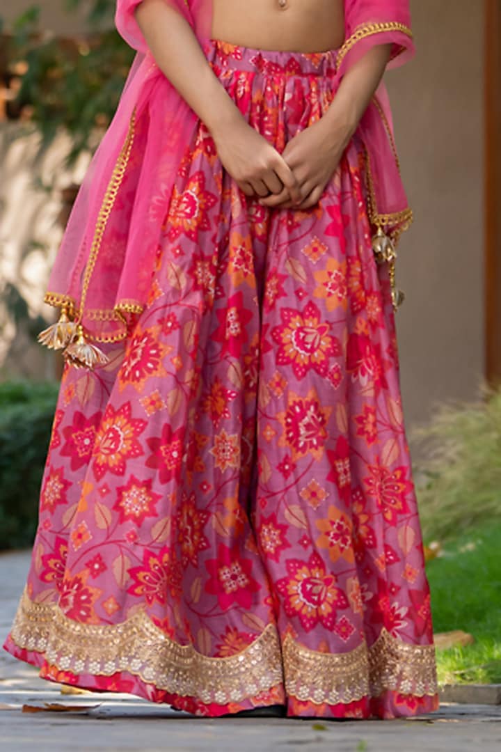 Cherry Red Chanderi Floral Printed Lehenga Set For Girls by Yuvrani Jaipur Kidswear at Pernia's Pop Up Shop