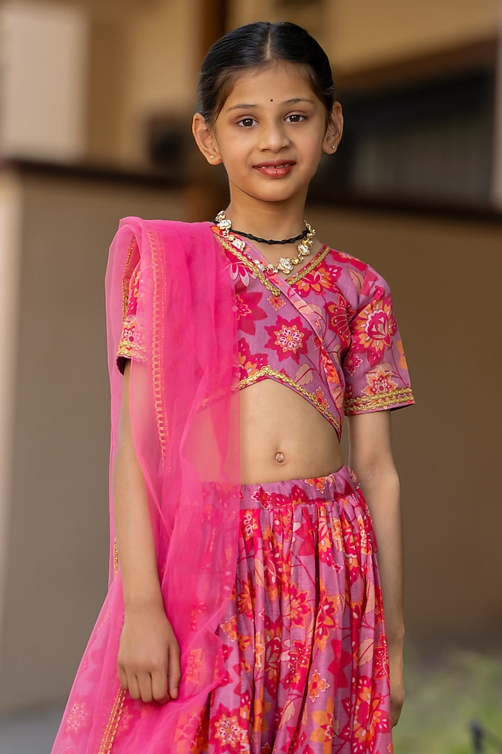 Cherry Red Chanderi Floral Printed Lehenga Set For Girls by Yuvrani Jaipur Kidswear at Pernia's Pop Up Shop