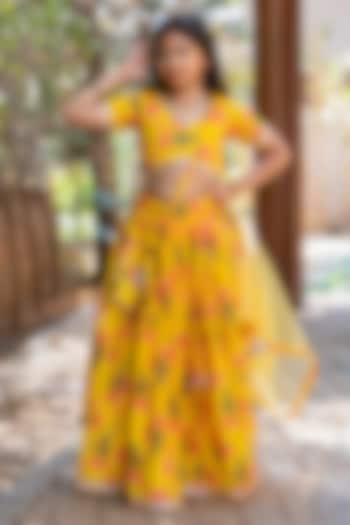 Yellow Chanderi Floral Printed Lehenga Set For Girls by Yuvrani Jaipur Kidswear at Pernia's Pop Up Shop