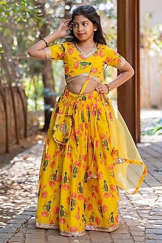 Yellow Chanderi Floral Printed Lehenga Set For Girls by Yuvrani Jaipur Kidswear