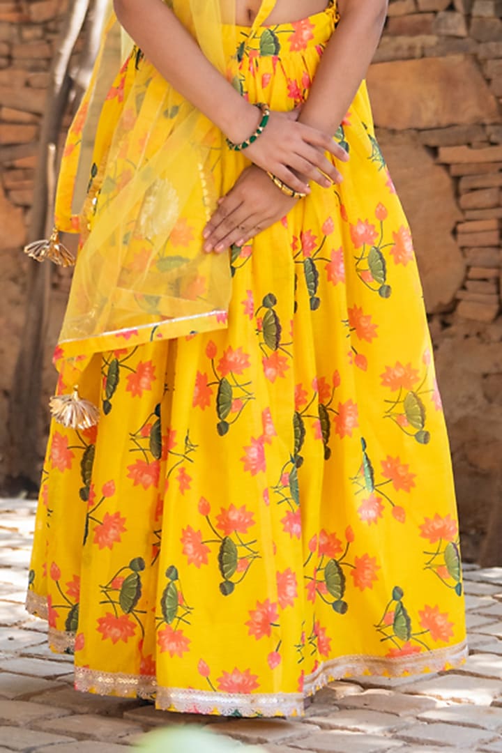 Yellow Chanderi Floral Printed Lehenga Set For Girls by Yuvrani Jaipur Kidswear at Pernia's Pop Up Shop