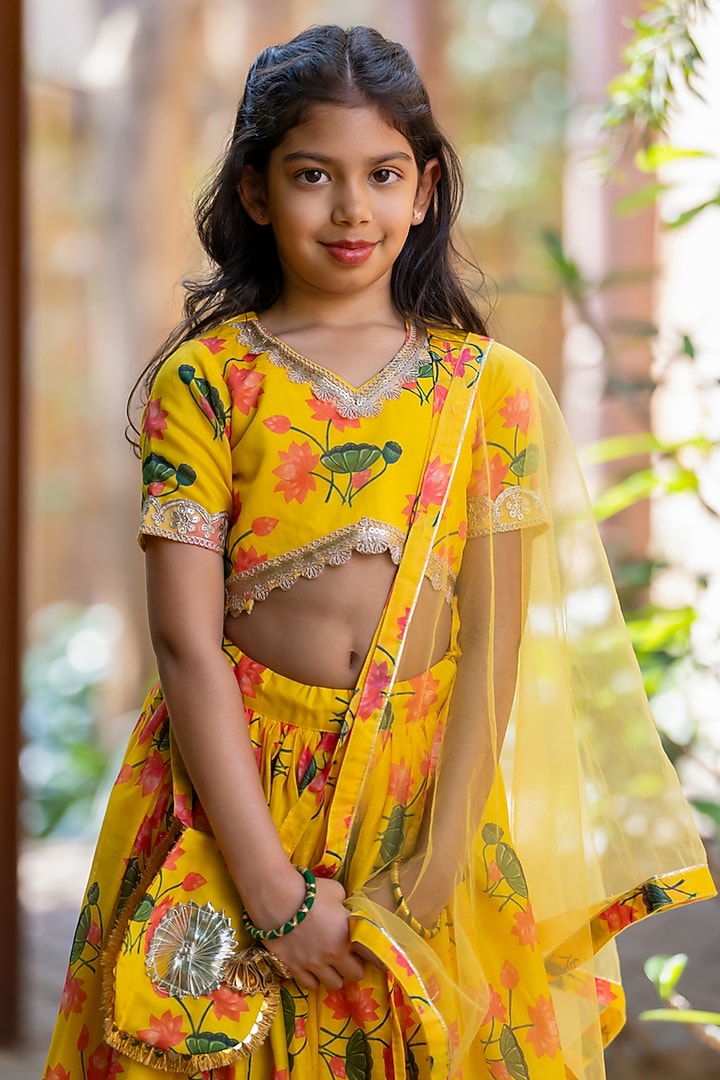 Yellow Chanderi Floral Printed Lehenga Set For Girls by Yuvrani Jaipur Kidswear at Pernia's Pop Up Shop