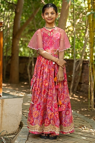 Multi-Coloured Chanderi Floral Printed Lehenga Set For Girls by Yuvrani Jaipur Kidswear