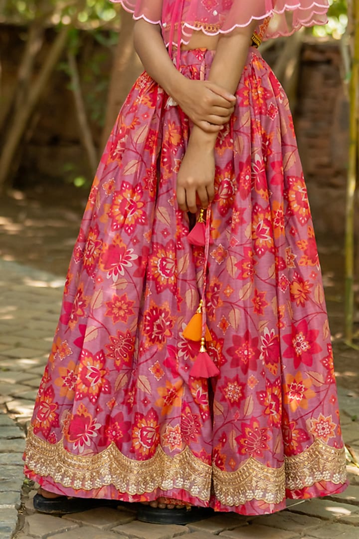 Multi-Coloured Chanderi Floral Printed Lehenga Set For Girls by Yuvrani Jaipur Kidswear at Pernia's Pop Up Shop