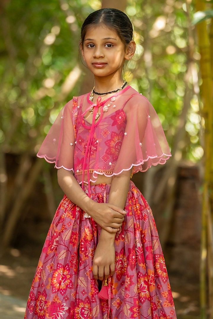 Multi-Coloured Chanderi Floral Printed Lehenga Set For Girls by Yuvrani Jaipur Kidswear at Pernia's Pop Up Shop