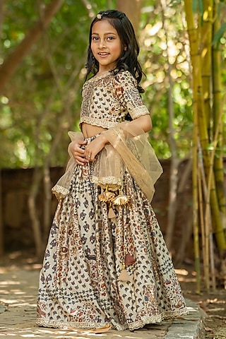Grey Muslin Floral Printed Lehenga Set For Girls by Yuvrani Jaipur Kidswear
