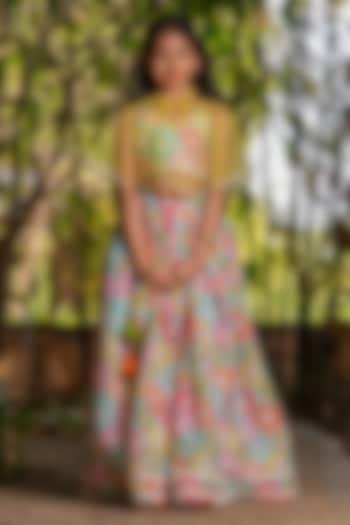 Multi-Coloured Chanderi Floral Printed Lehenga Set For Girls by Yuvrani Jaipur Kidswear at Pernia's Pop Up Shop