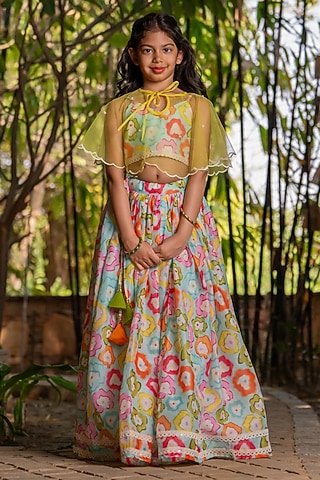 Multi-Coloured Chanderi Floral Printed Lehenga Set For Girls by Yuvrani Jaipur Kidswear