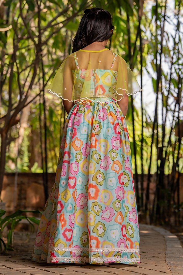 Multi-Coloured Chanderi Floral Printed Lehenga Set For Girls by Yuvrani Jaipur Kidswear at Pernia's Pop Up Shop